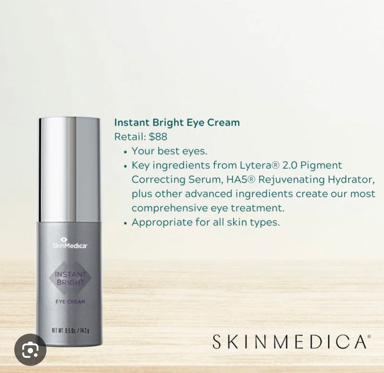 Skinmedica Instant Bright Eye Cream 0.5 fl oz. Brightening Dark Circles puffiness anti-aging Undereye Bags hollowing